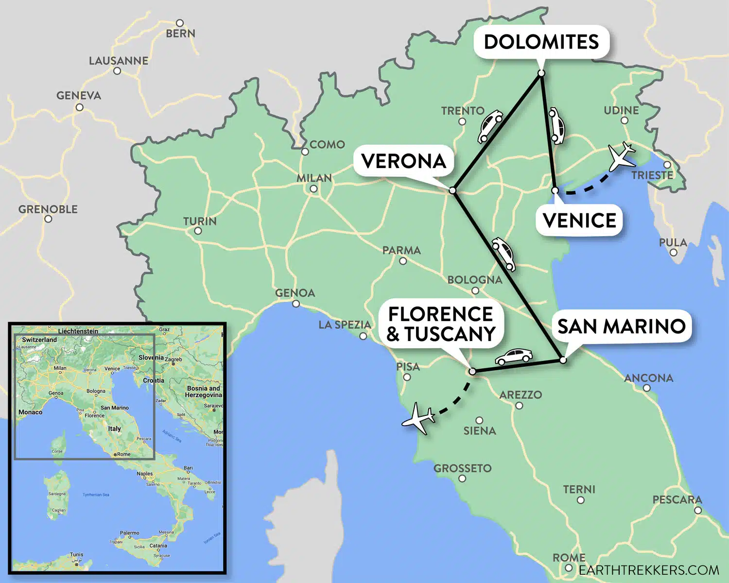 Italy Itinerary Map Venice San Marino Florence