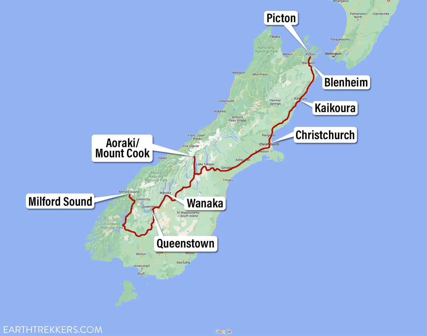 One Week South Island New Zealand Itinerary Map