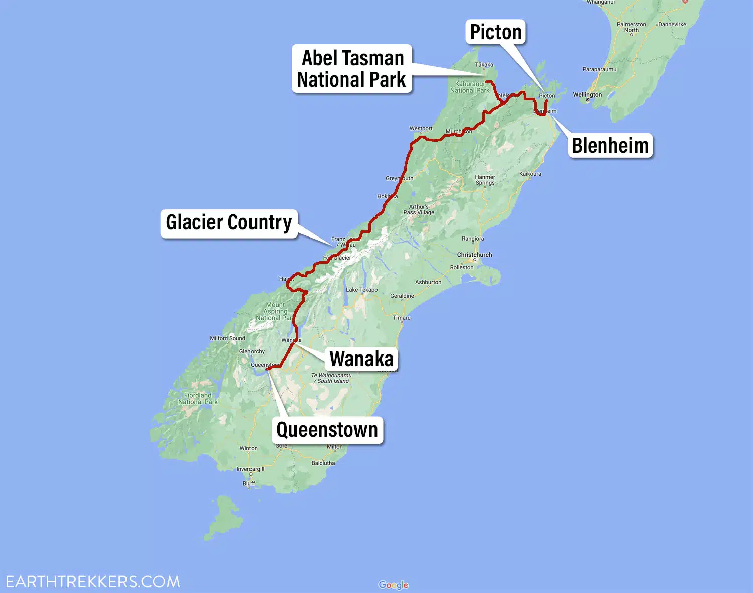 One Week South Island of New Zealand Itinerary Map