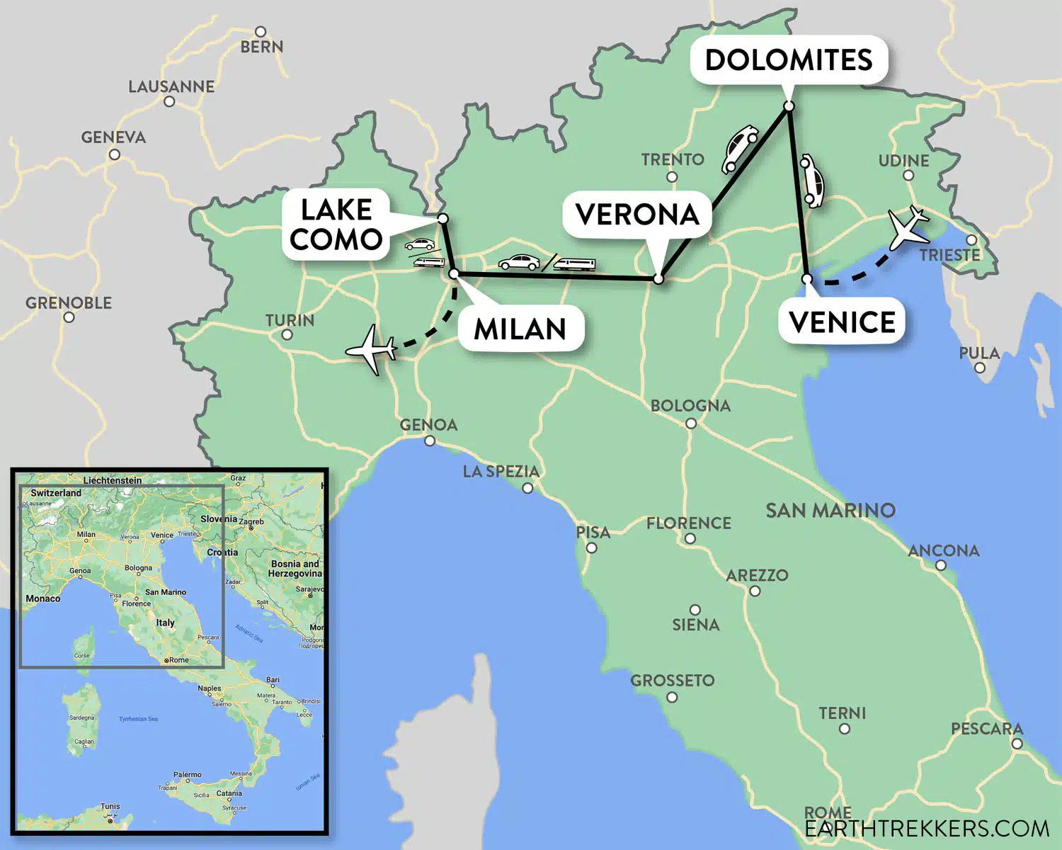 10 Day Northern Italy Itinerary Map