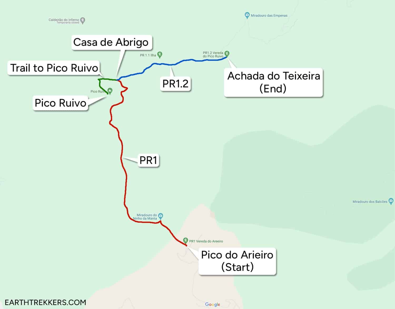 Pico do Arieiro to Pico Ruivo to Achada to Teixeira map