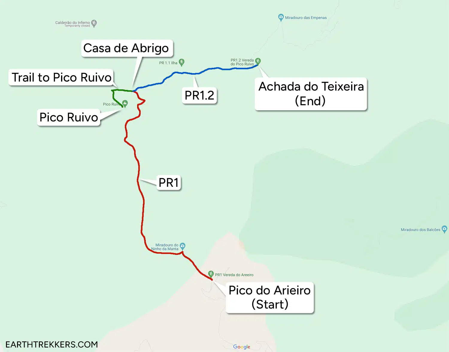 Pico do Arieiro to Pico Ruivo to Achada to Teixeira map