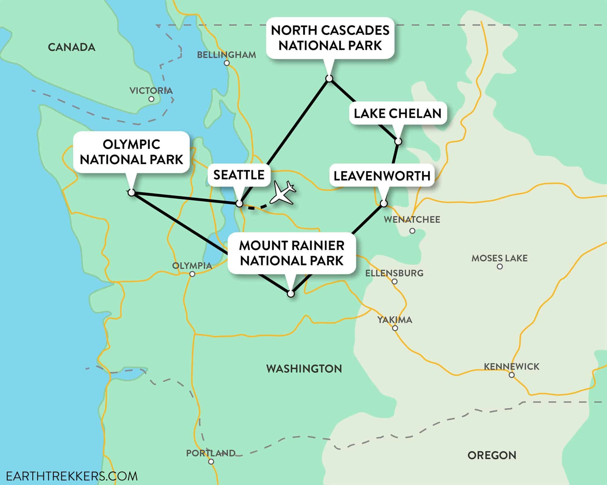 Washington National Parks Road Trip Map