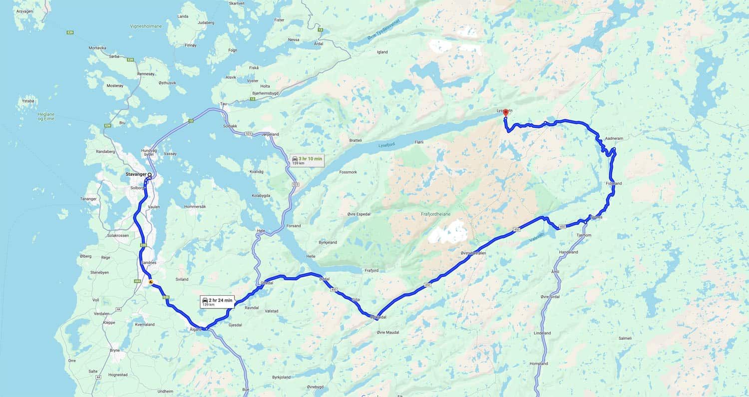 Driving route Stavanger to Kjerag